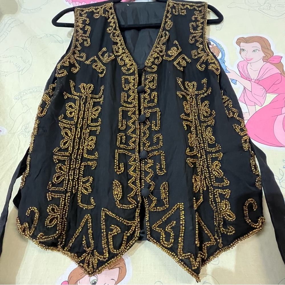 Black Button Vest with Intricate Gold Beading